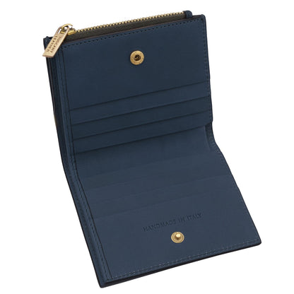 Exclusive blu blu navy portafoglio in pelle for men open to show scomparti per carte e zipperosso coin pocket con accessori metallici color oro