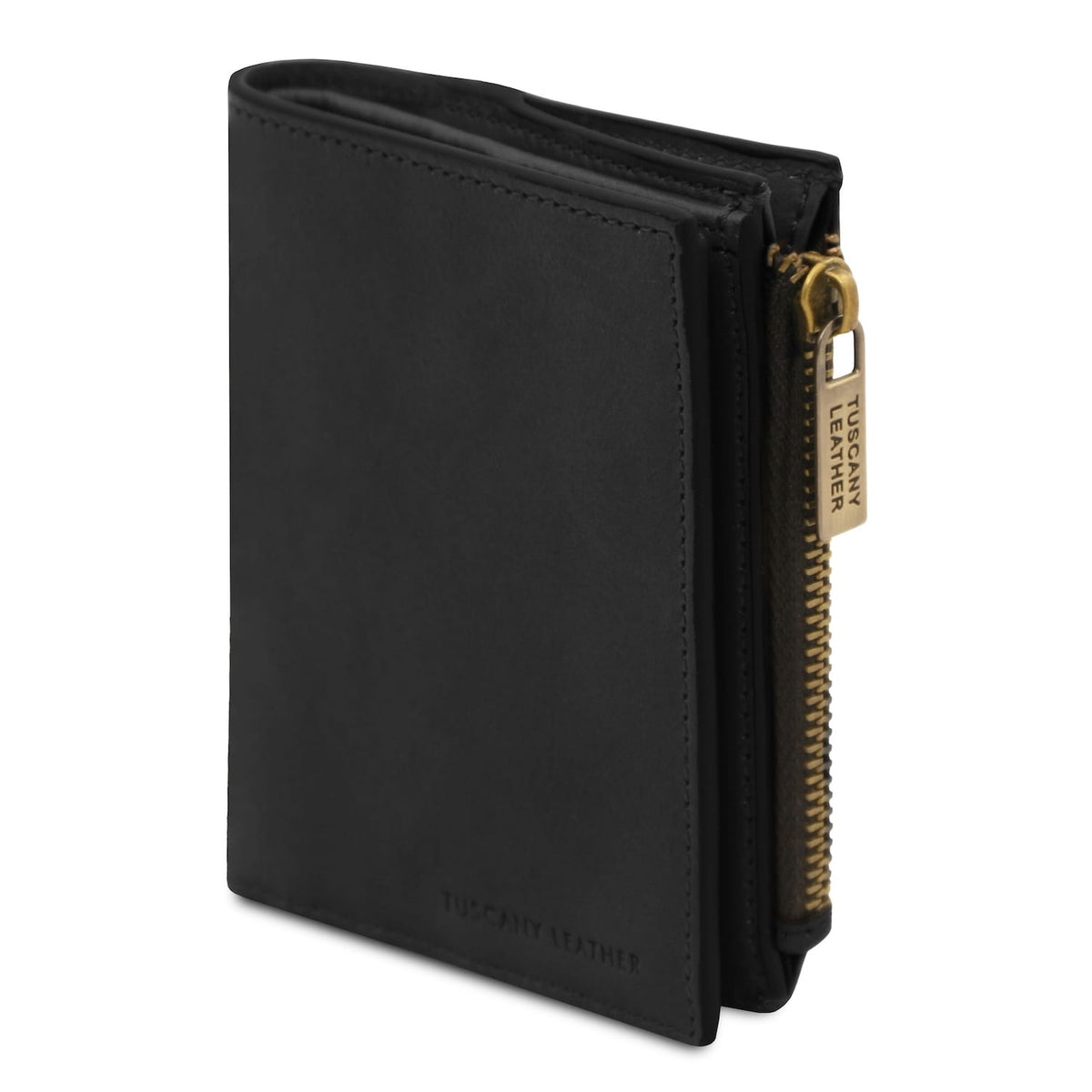 Nero portafoglio in pelle con gold side zipper for coins, compact design.