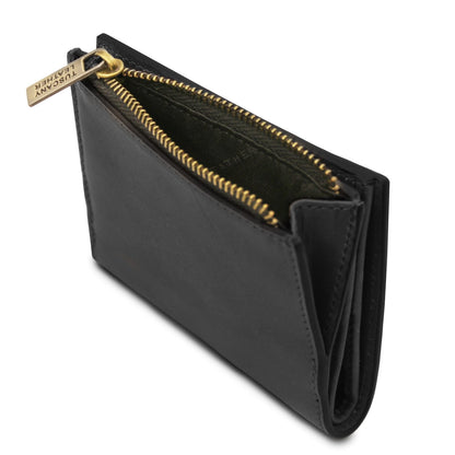 Aperto nero portafoglio in pelle con zipperosso compartments e interior slots.