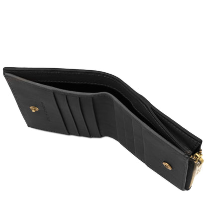 Nero portafoglio in pelle aperta per mostrare multiple scomparti per carte e a zip around closure.