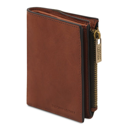 Exclusive marrone portafoglio in pelle for men con a zip color oro along the side e nero edge trim