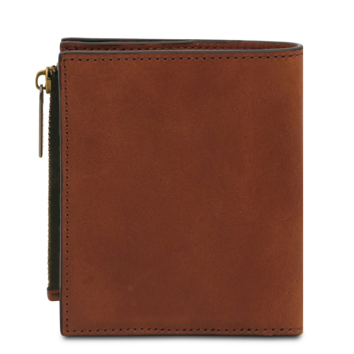 Marrone leather men's wallet shown from the side con neat stitching e slim profile