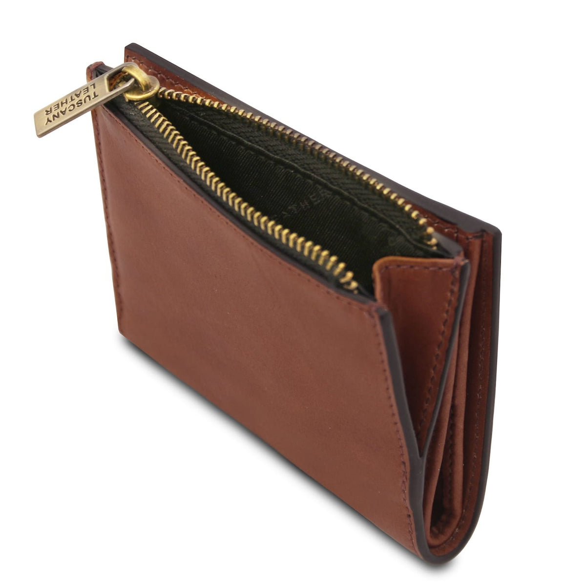 Aperto marrone portafoglio in pelle con two zip color oro revealing dark fabric interior