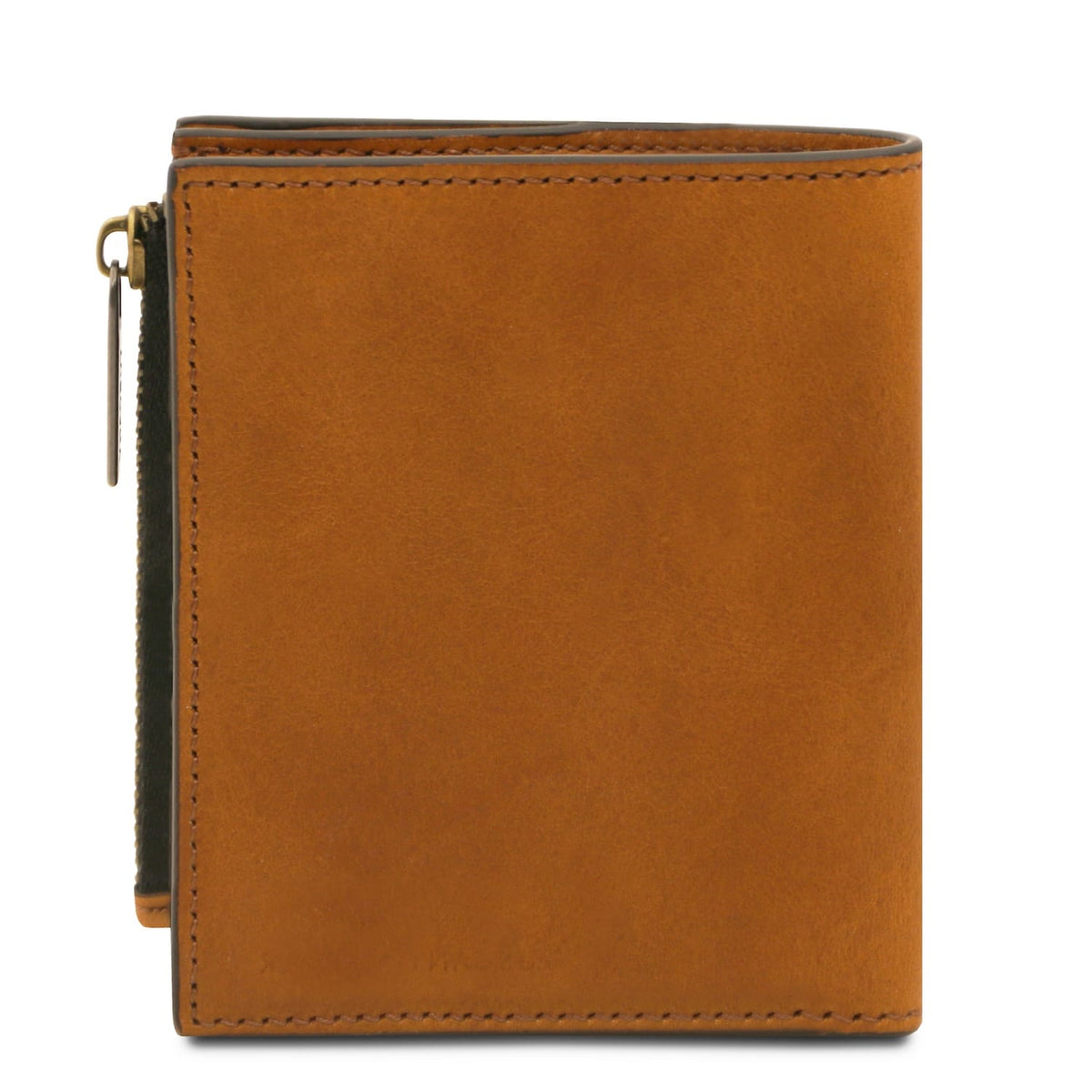 Vista frontale of cuoio leather men's wallet con cuciture visibili e side zipper