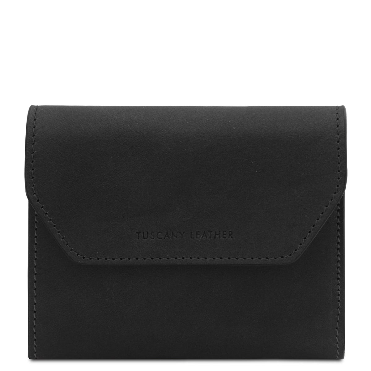 Preto compact carteira em pele with a aba curva and embossed Tuscany Leather on the front