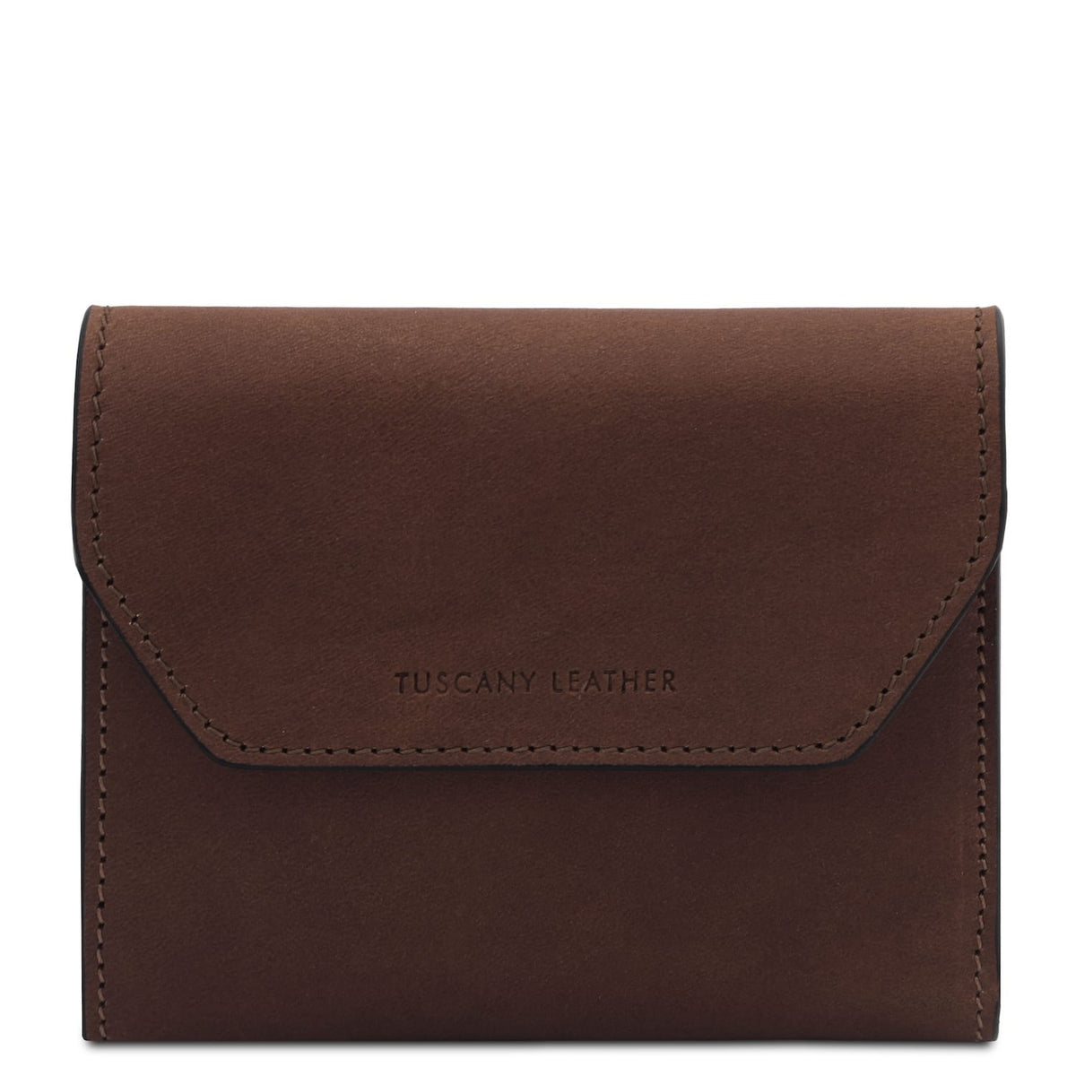 Casconhaqueho carteira em pele with a aba curva and topstitching, displaying Tuscany Leather branding.