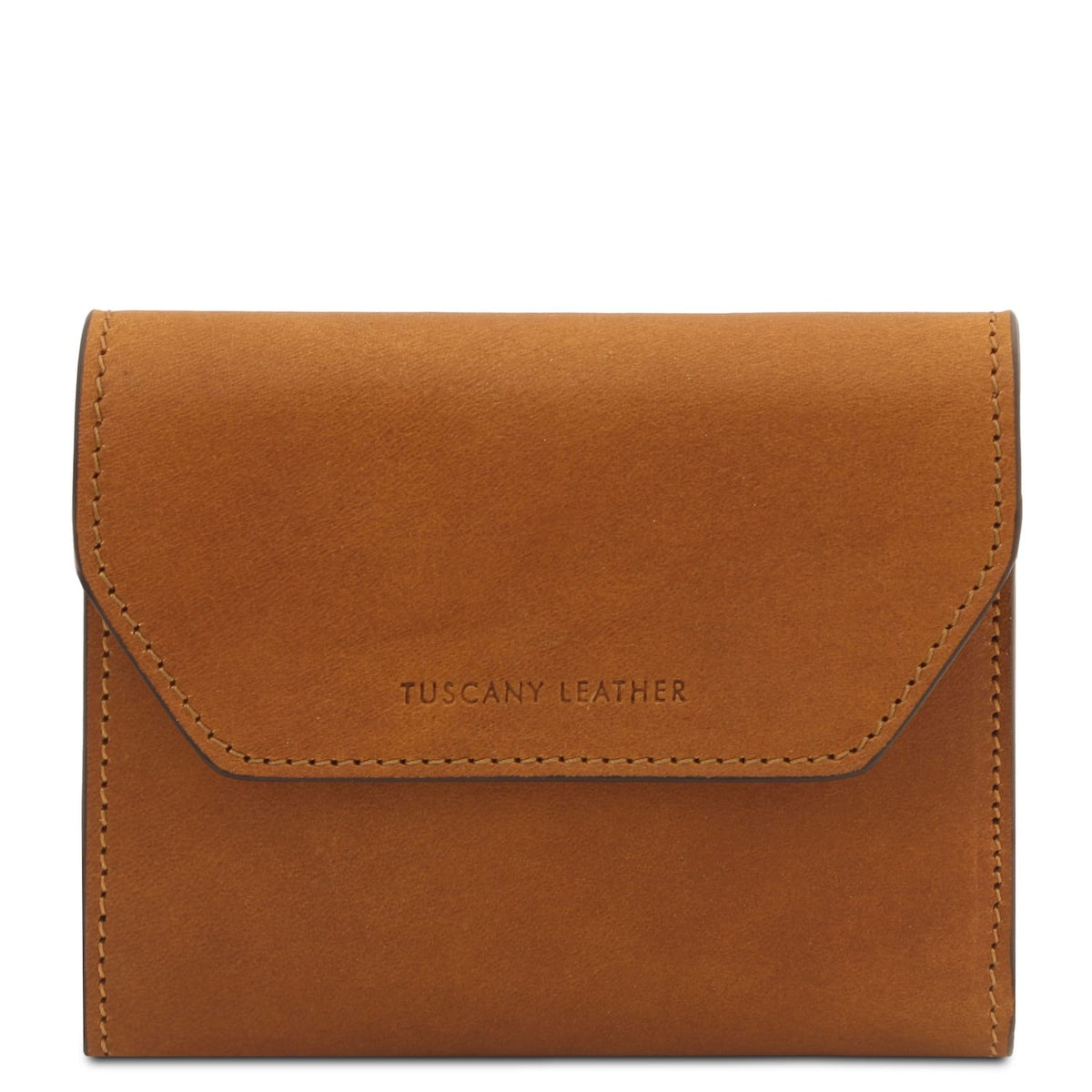 Vista frontal of conhaque Exclusive carteira em pele with clean stitching and Tuscany Leather branding.