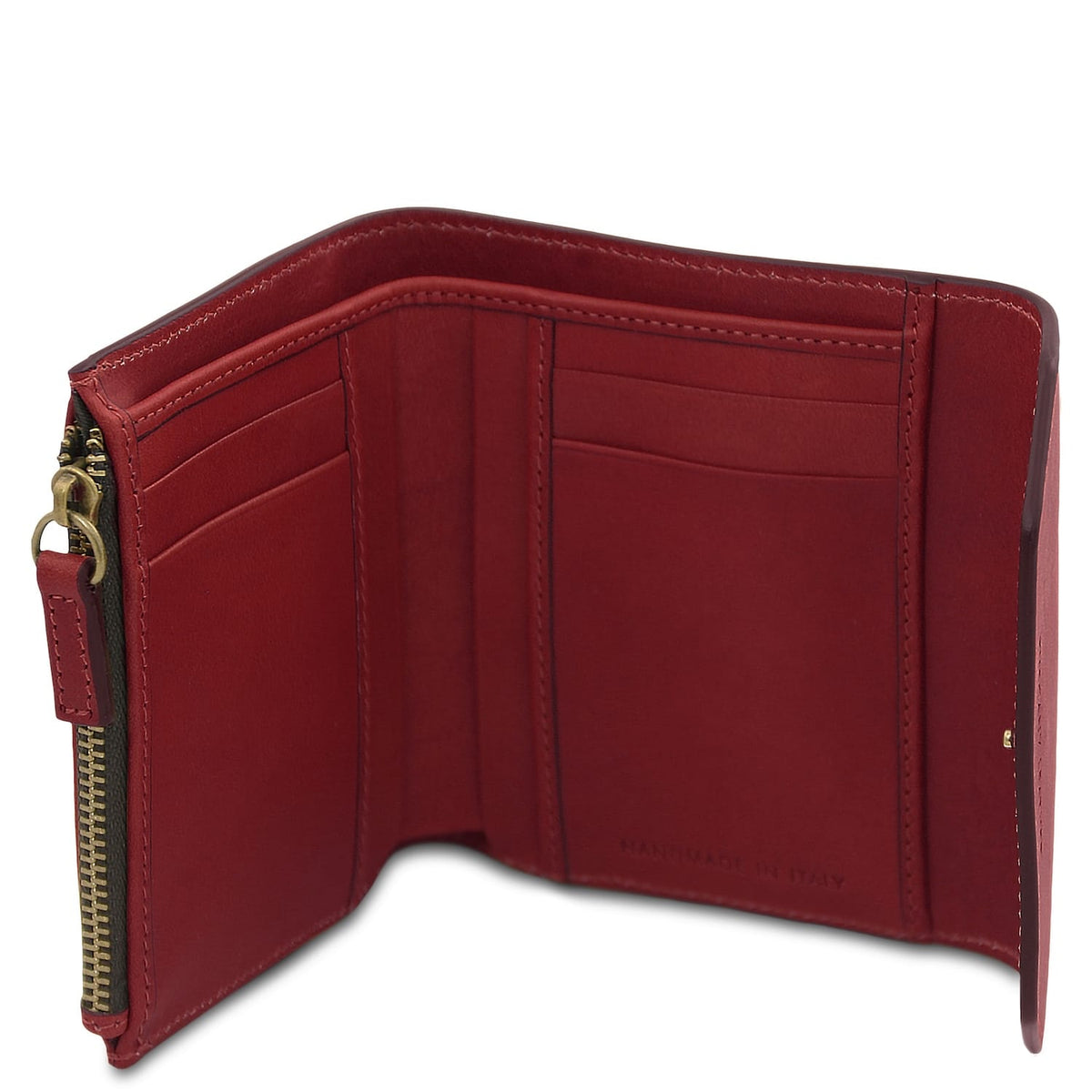Vermelho carteira em pele aberta para mostrar multiple ranhuras para cartões and a zippered coin pocket