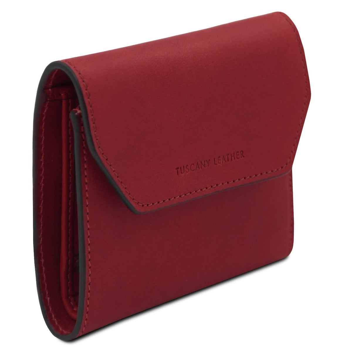 Exclusive red carteira em pele with a aba dobrada and visible ranhuras para cartões and interior zip compartment