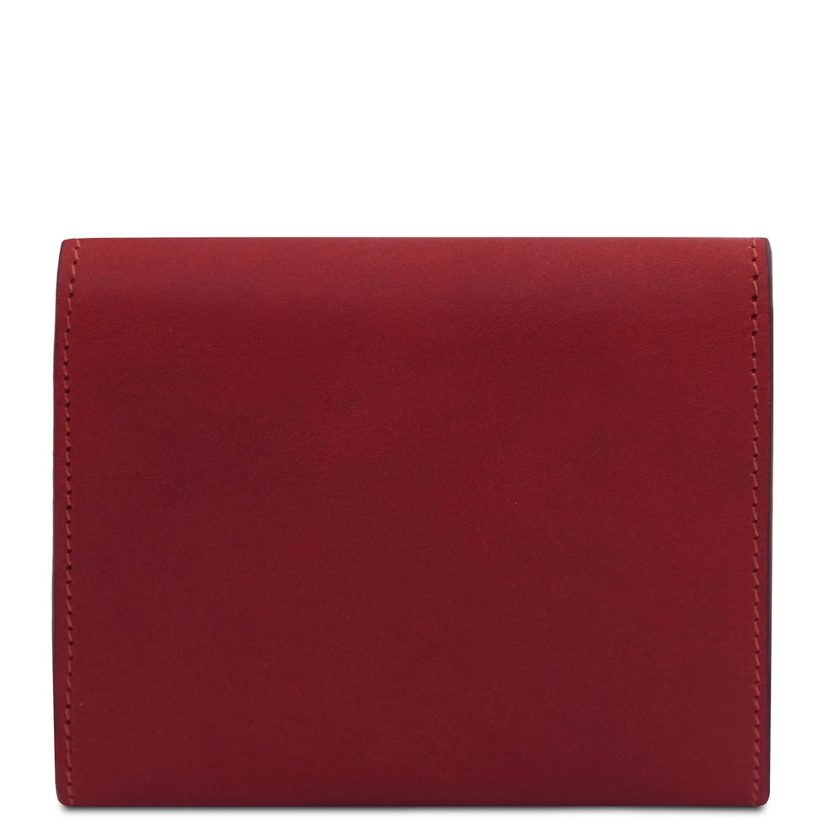 Deep red carteira em pele with acabamento liso and costuras precisas