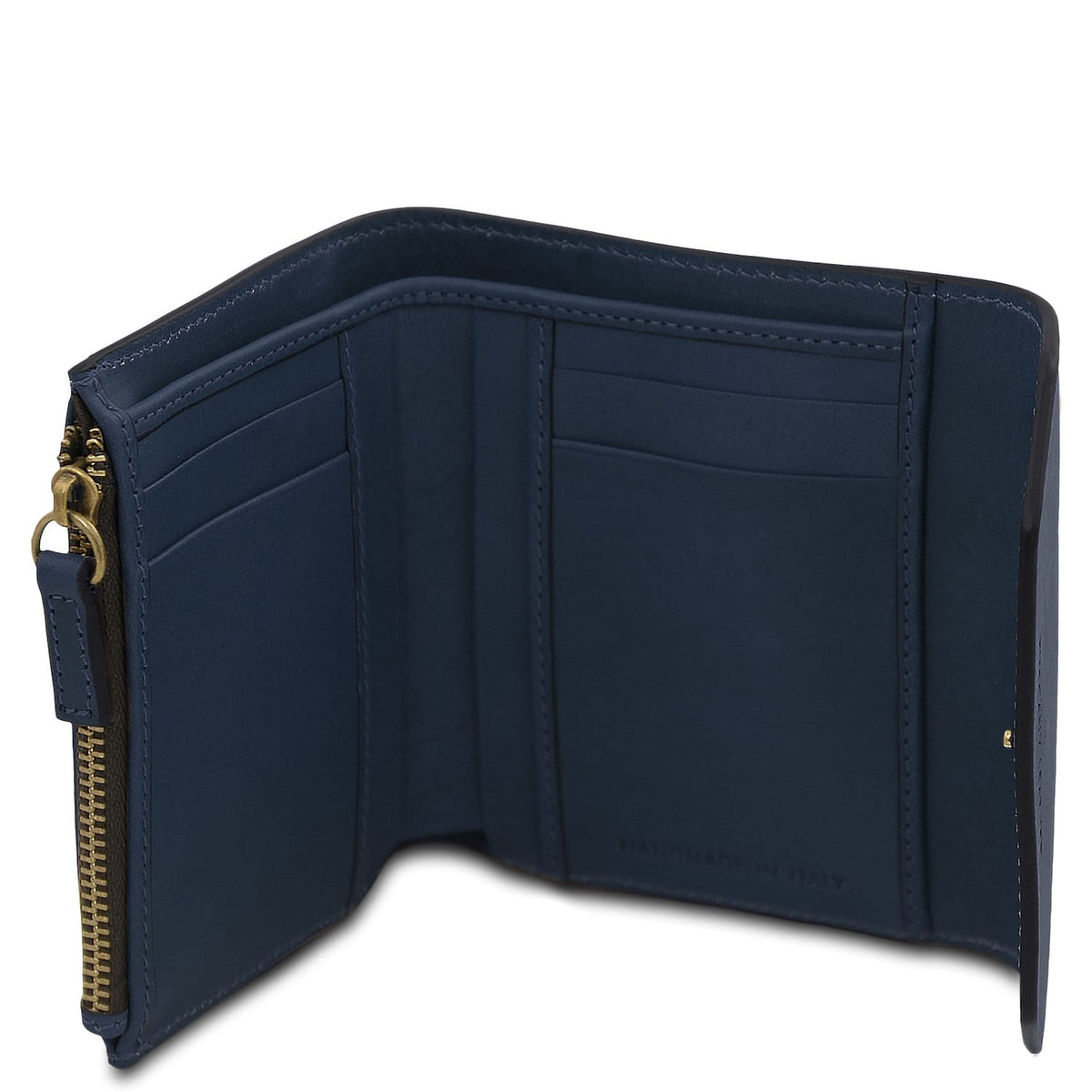 Abertaed blue carteira em pele with ranhuras para cartões and a bolso com fecho; handmade in Italy