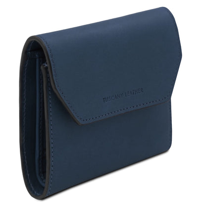 Exclusive blue carteira em pele with aba curva and bordas cosidas
