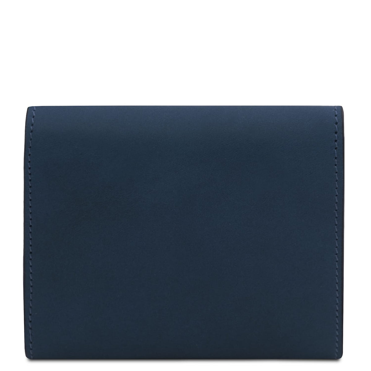 Blue carteira em pele shown de frente with a smooth panel and neat stitching