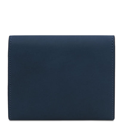 Blue carteira em pele shown de frente with a smooth panel and neat stitching