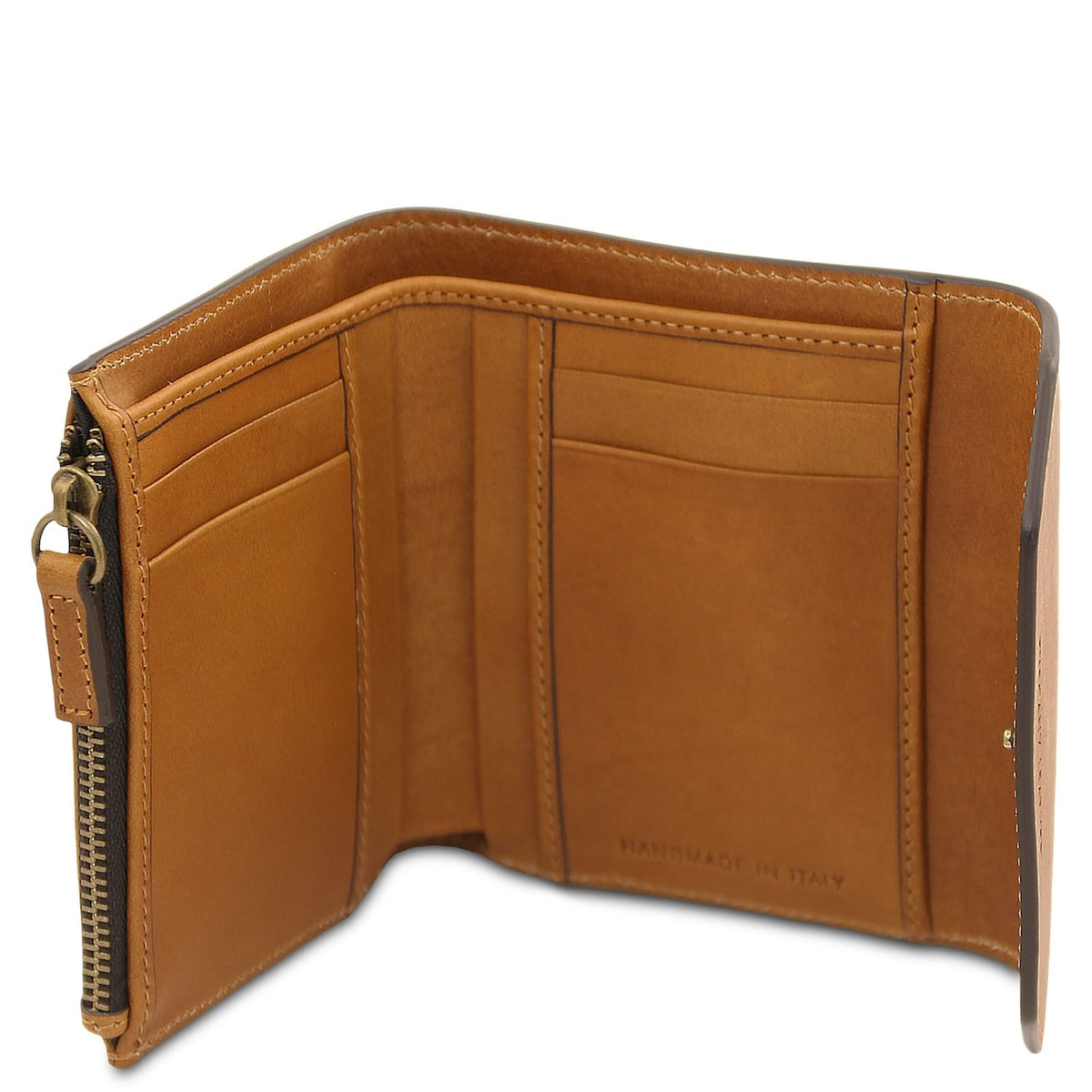 Aberta conhaque carteira em pele mostrando ranhuras para cartões and a zippered compartment