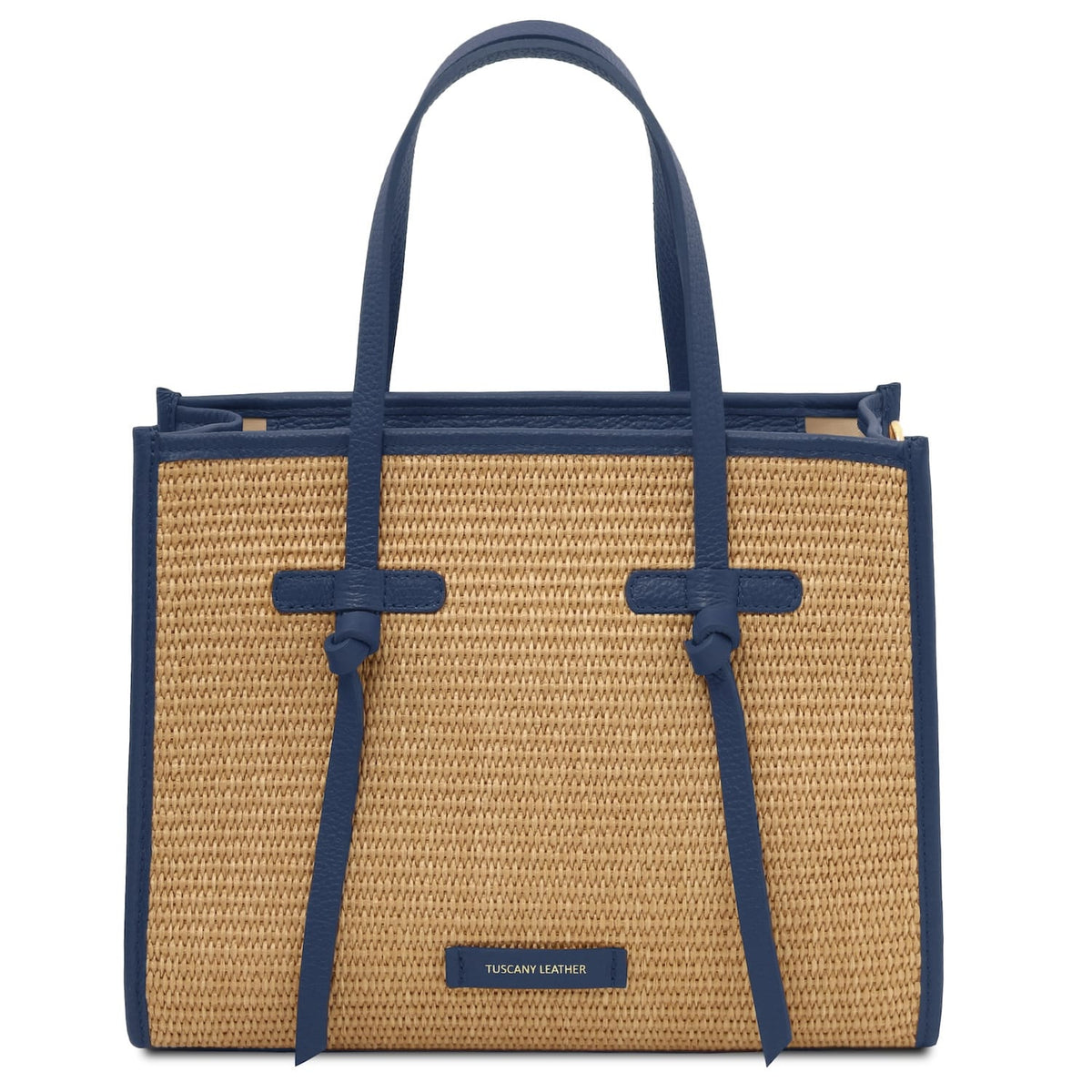 Vorderansicht of Frame straw effect shoulder bag with blue leather trim and handles
