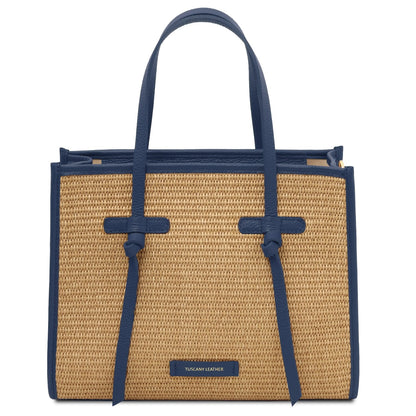 Vorderansicht of Frame straw effect shoulder bag with blue leather trim and handles