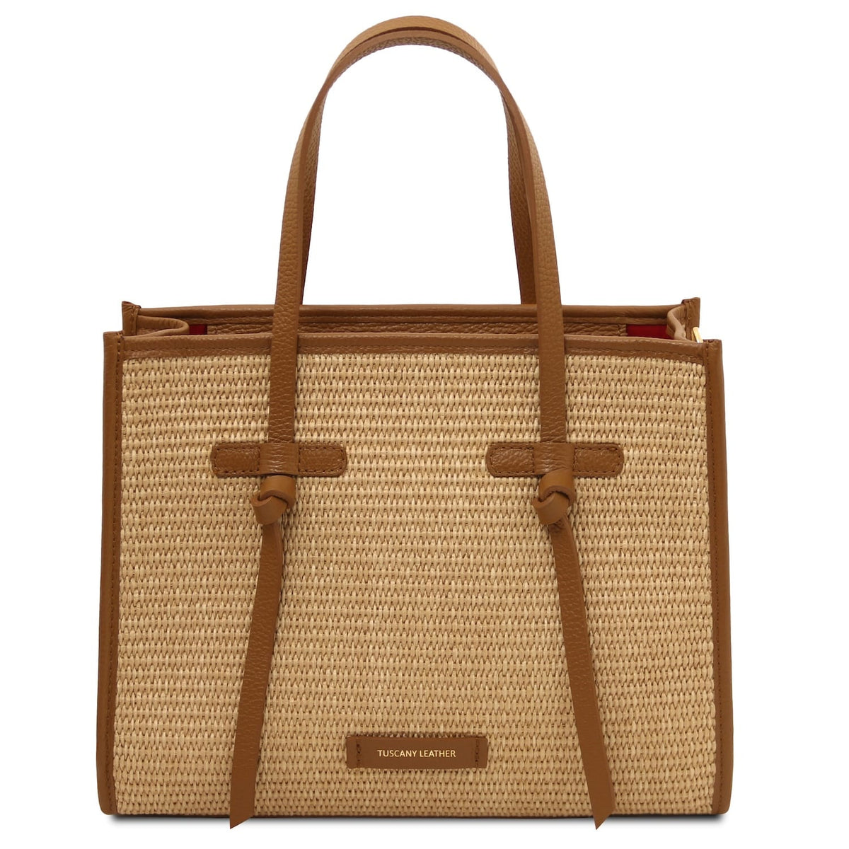 Vorderansicht of Frame straw effect shoulder bag with cognacfarben leather trim and zwei Tragegriffe