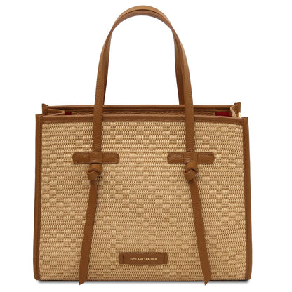 Vorderansicht of Frame straw effect shoulder bag with cognacfarben leather trim and zwei Tragegriffe