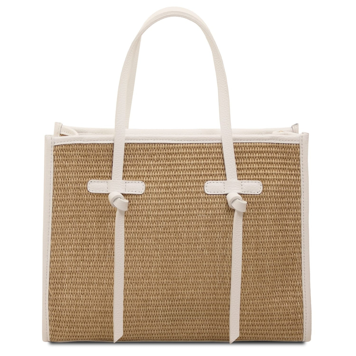 Frame Schultertasche in Strohoptik mit weißer Ledereinfassung und zwei Griffen