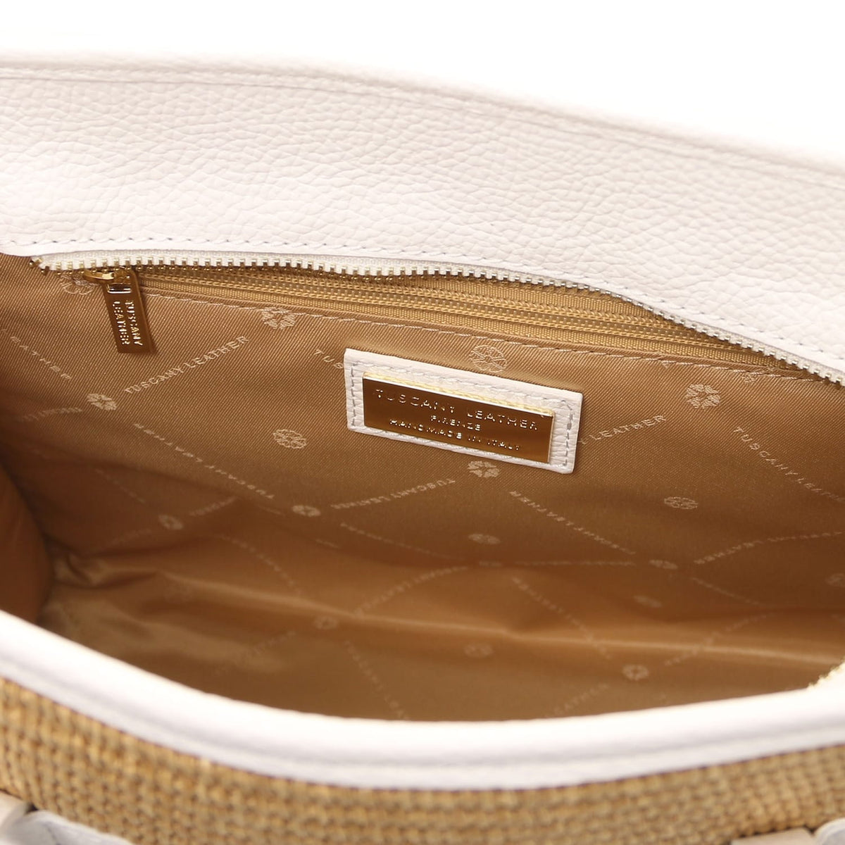 Innenansicht of Frame straw effect bag with cognacfarbenes Futter, Reissverschlusstasche and gold metal plaque