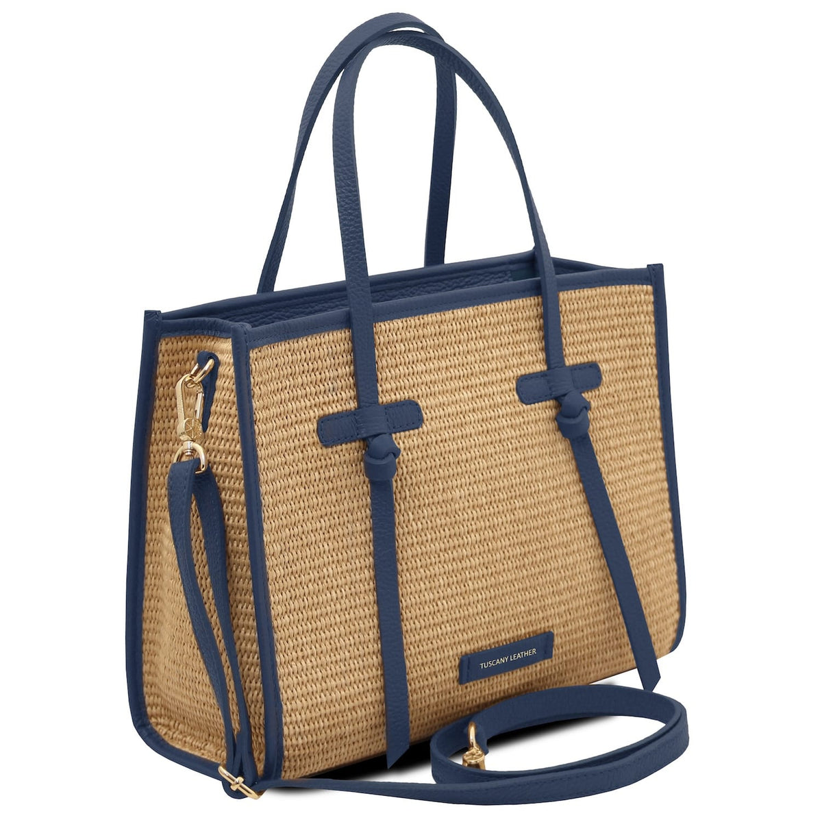 Angled Seitenansicht of Frame straw effect shoulder bag with blue trim and removable shoulder strap