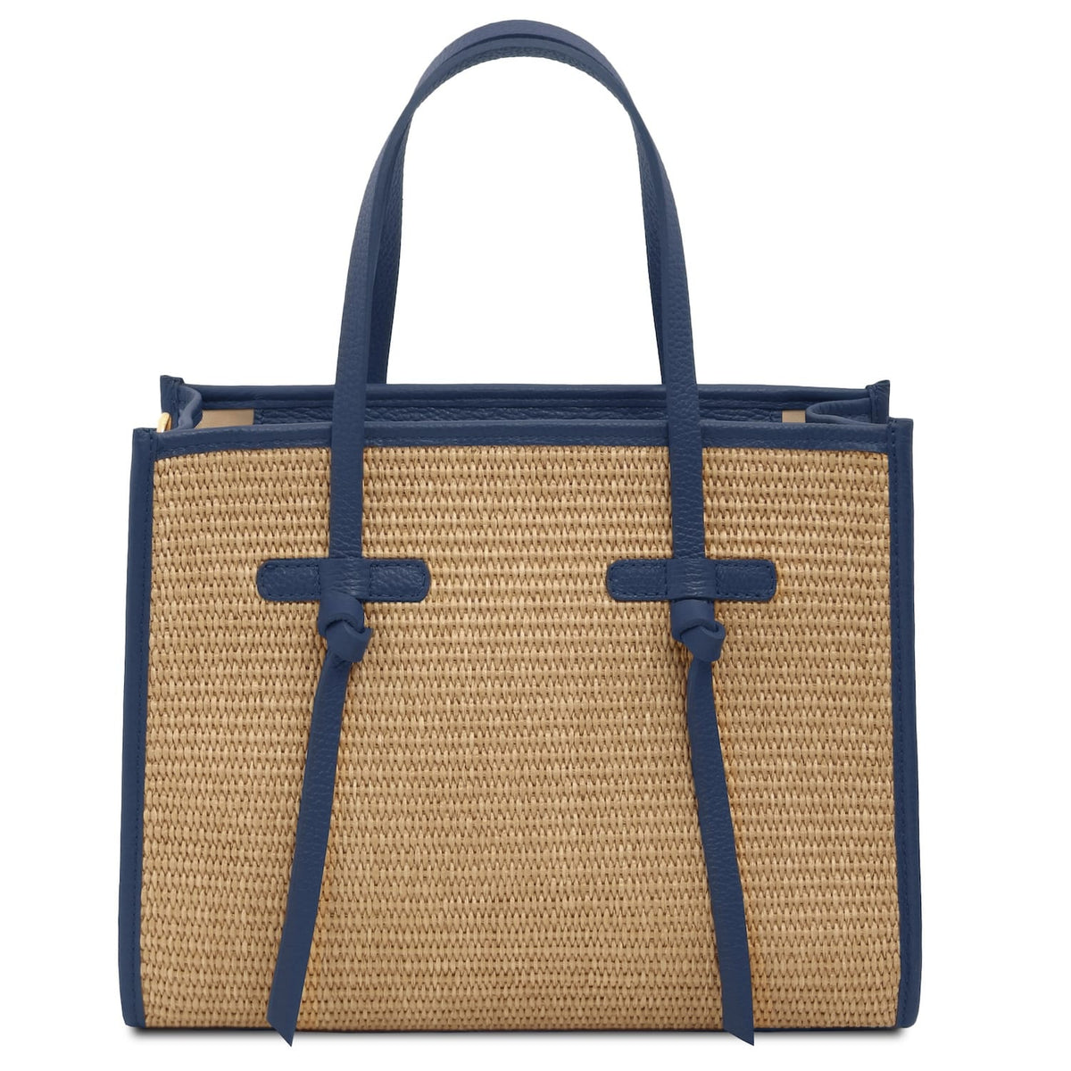 Frame Schultertasche in Strohoptik mit blauer Ledereinfassung und Ledergriffen