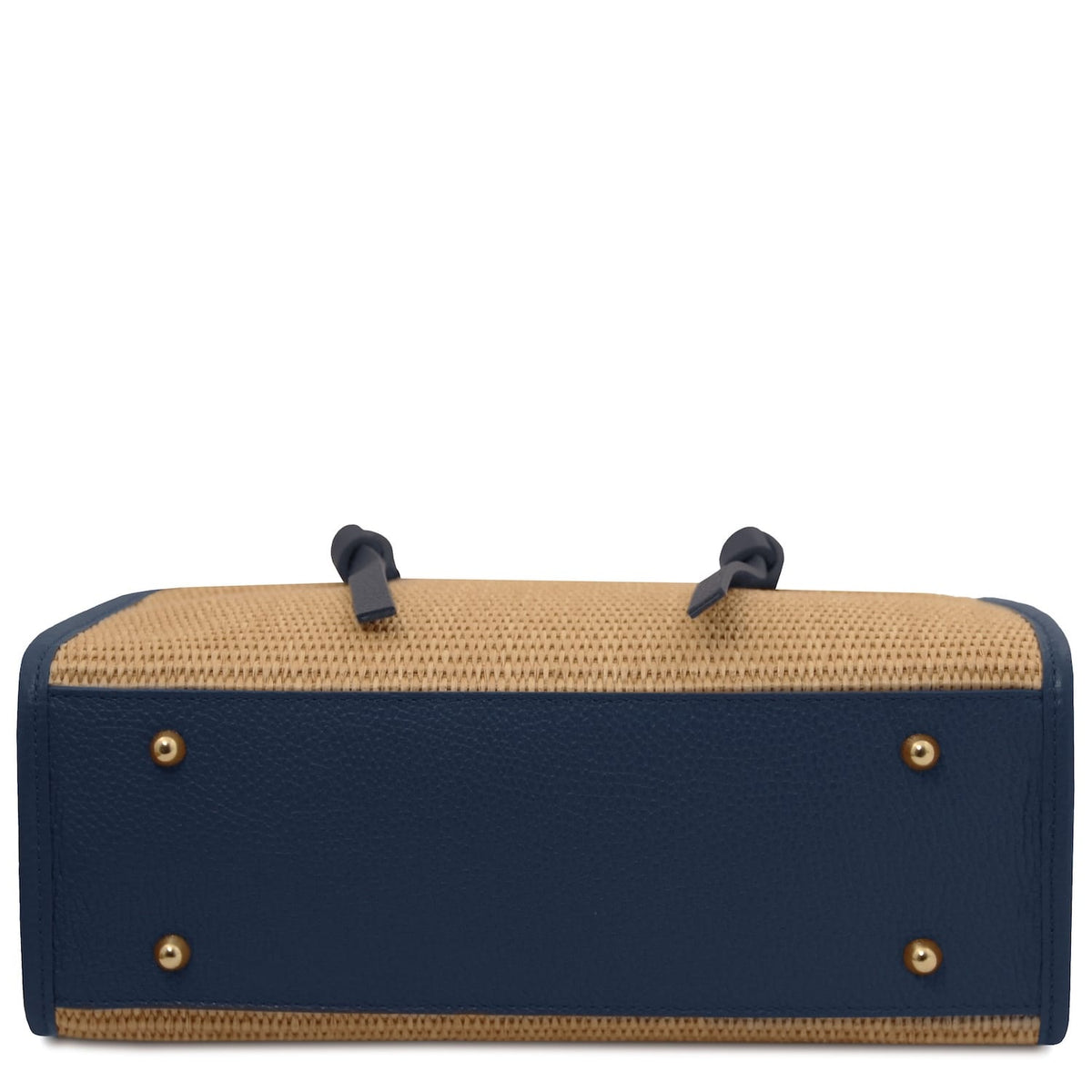 Unteransicht of Frame straw effect shoulder bag with blue leather base and brass feet