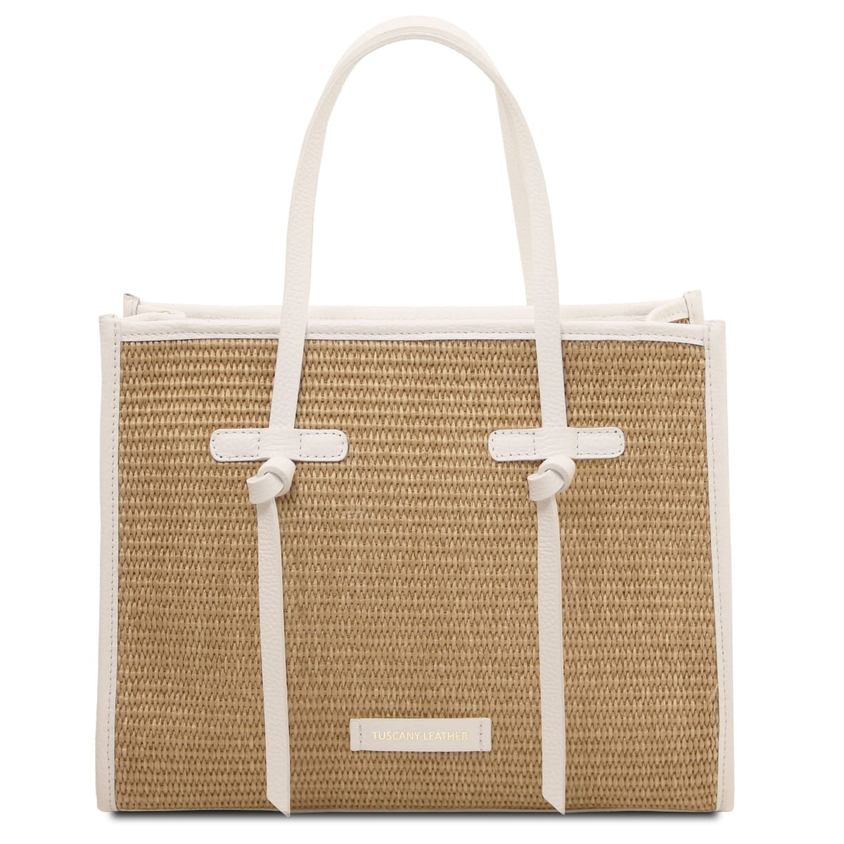 Vorderansicht of Frame straw effect shoulder bag in natural straw with white leather trim and handles
