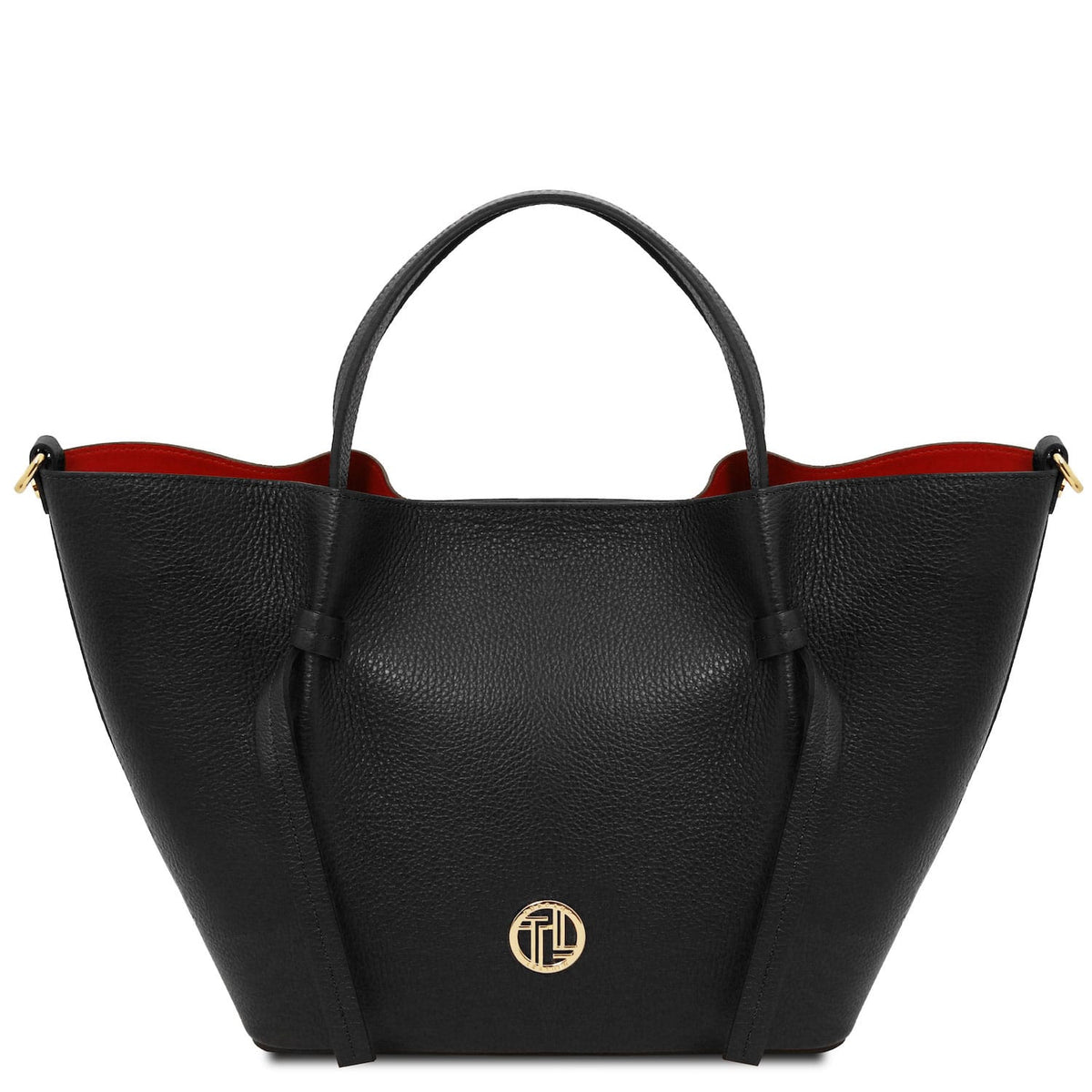 Legame – shopping bag in pelle italiana – Large | TL142481 in pelle nera martellata con dettagli dorati e manici superiori su sfondo bianco