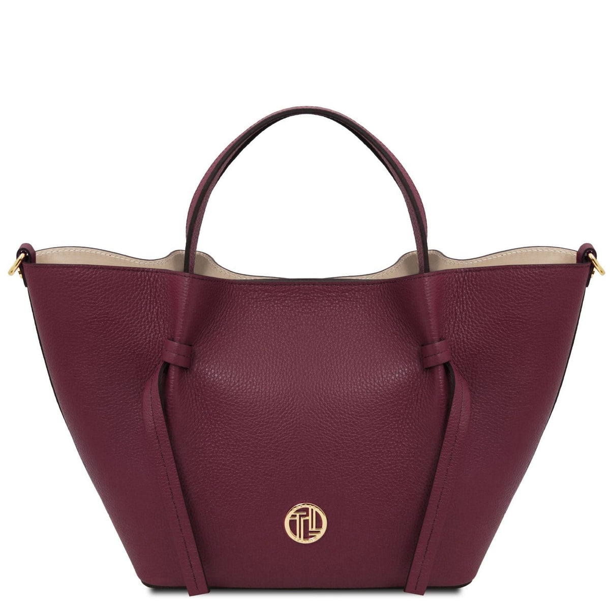 Legame - Italian leather shopping bag - Large size | TL142481 in bordeaux pelle martellata con doppi manici e accessori metallici color oro su sfondo bianco.