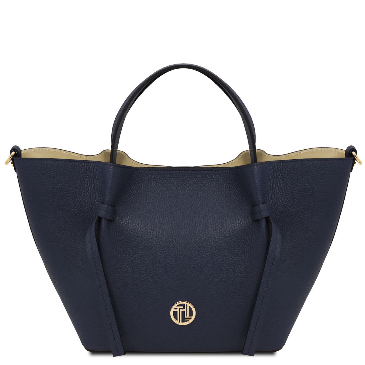 Legame – shopping bag in pelle italiana – Large | TL142481 in pelle blu navy martellata con due manici superiori e dettaglio logo dorato su sfondo bianco