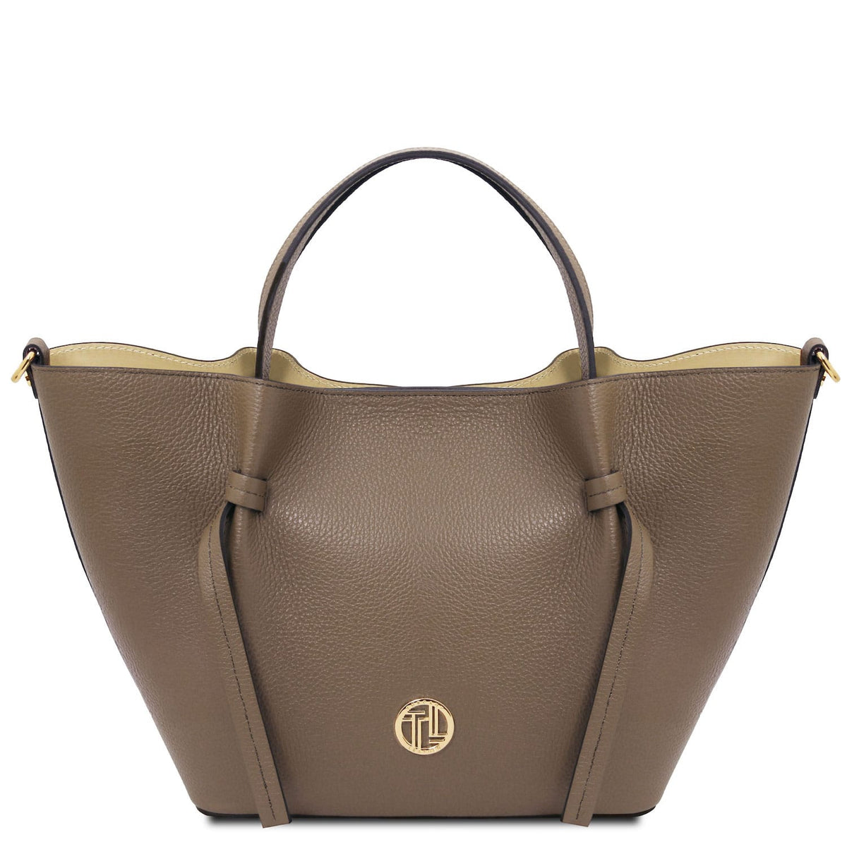 Legame – shopping bag in pelle italiana – Large | TL142481 in pelle taupe martellata con manici superiori e dettagli dorati su sfondo bianco