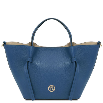 Legame large blu Italian leather borsa shopping con due manici e a tracolla removibile