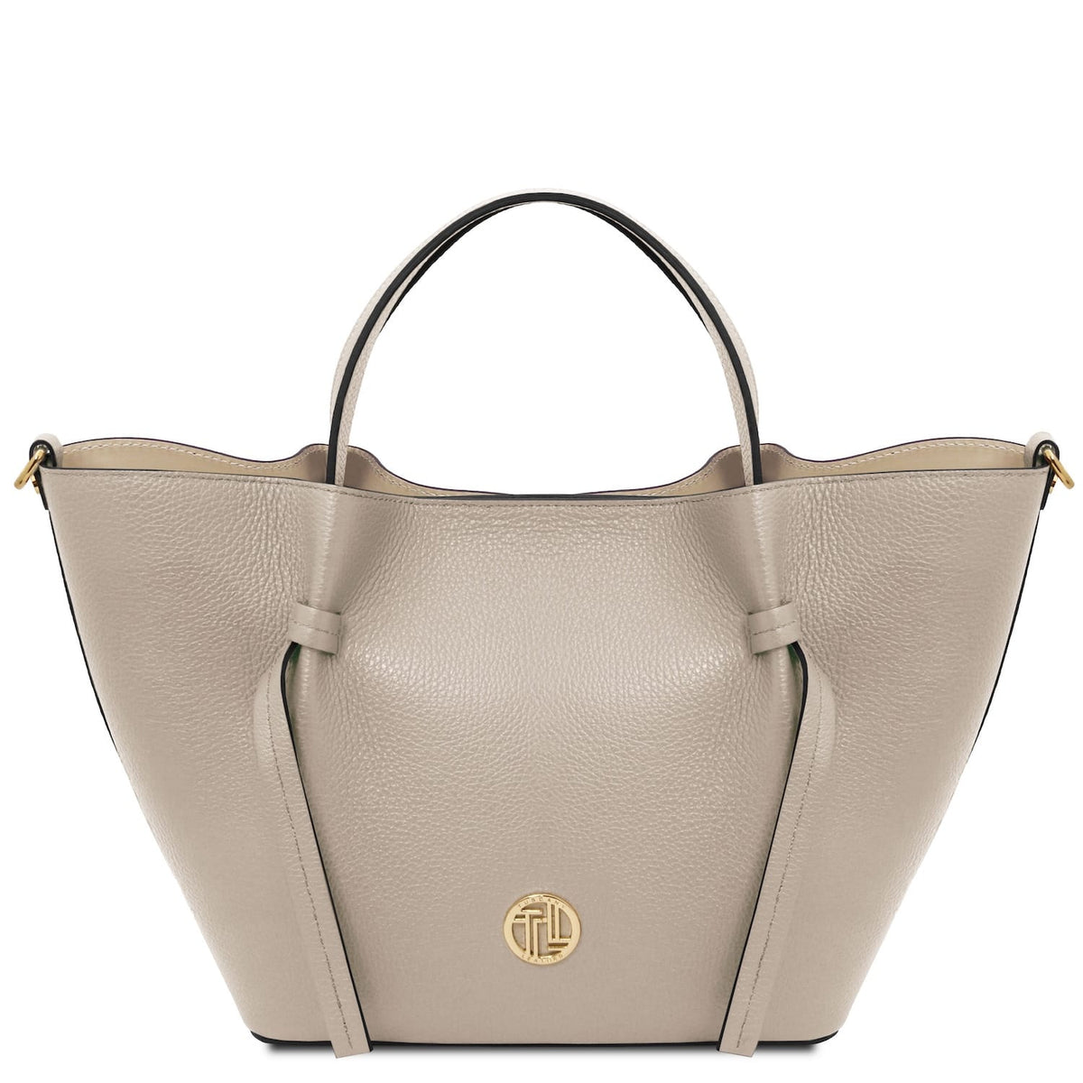 Taupe chiaro hebag con a logo color oro su sfondo bianco