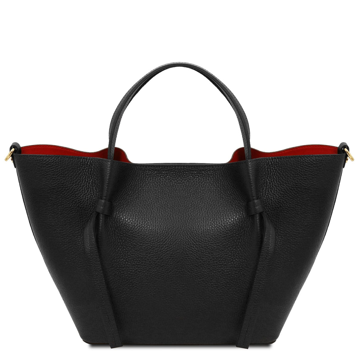 Legame – shopping bag in pelle italiana – Large | TL142481 in pelle nera martellata con due manici e fodera interna rossa su sfondo bianco
