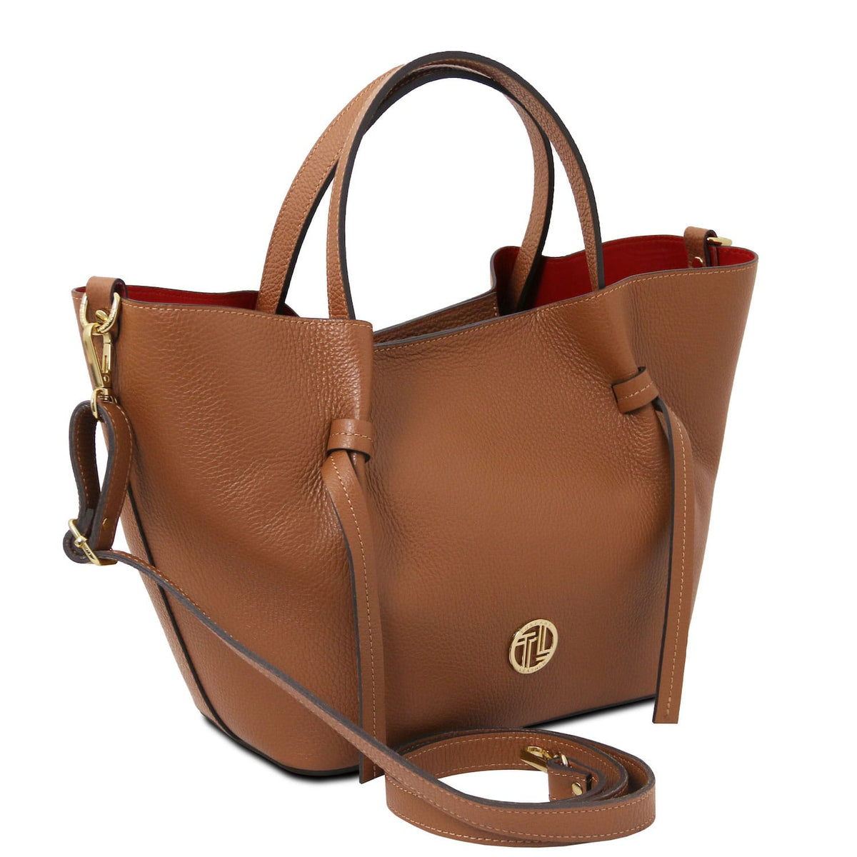 Legame – shopping bag in pelle italiana – Large | TL142481 in pelle marrone martellata con dettagli dorati e tracolla removibile su sfondo bianco