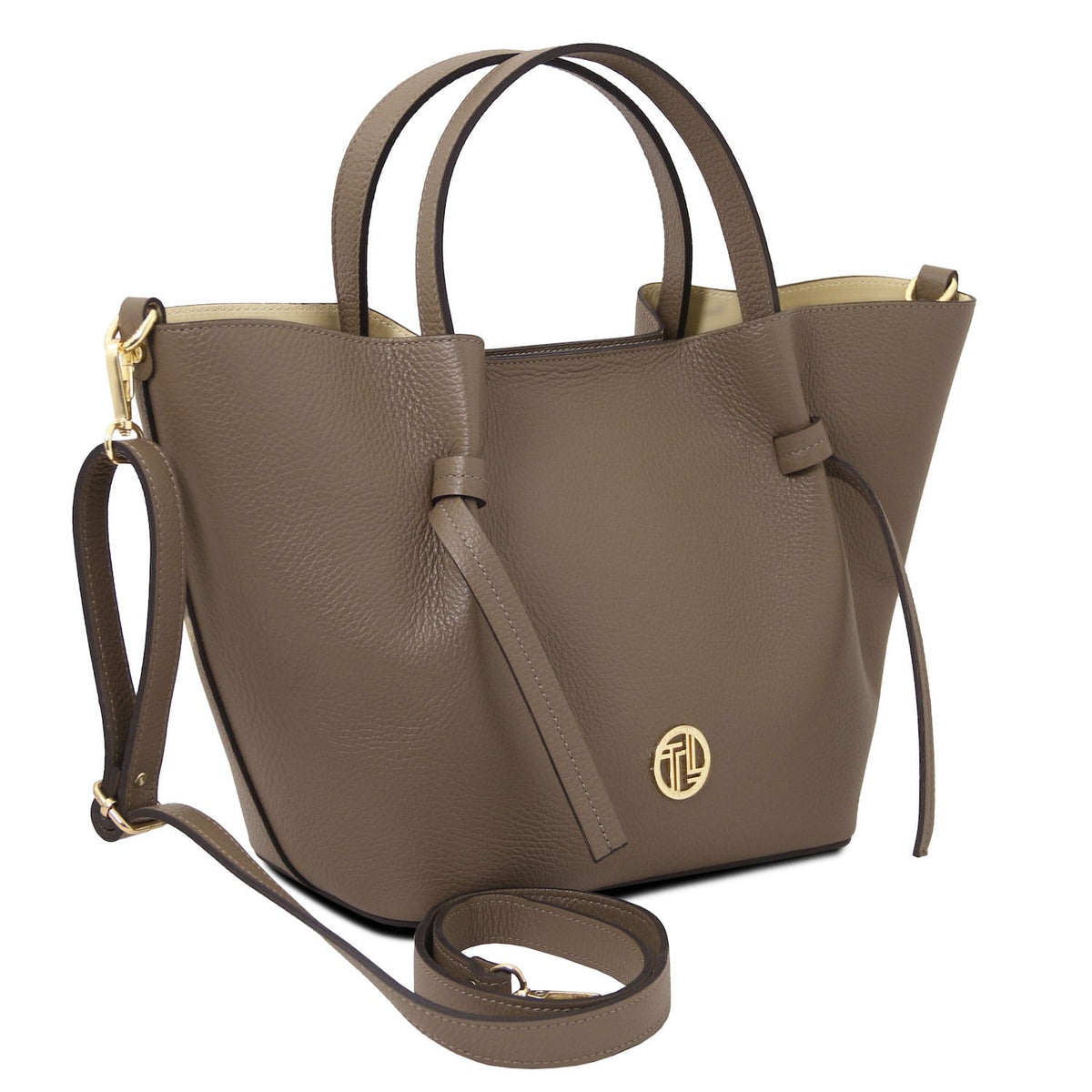 Legame – shopping bag in pelle italiana – Large | TL142481 in pelle taupe martellata con dettagli dorati, due manici superiori e tracolla regolabile su sfondo bianco