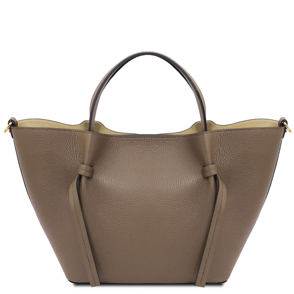Legame – shopping bag in pelle italiana – Large | TL142481 in pelle taupe martellata con due manici superiori e dettagli annodati su sfondo beige