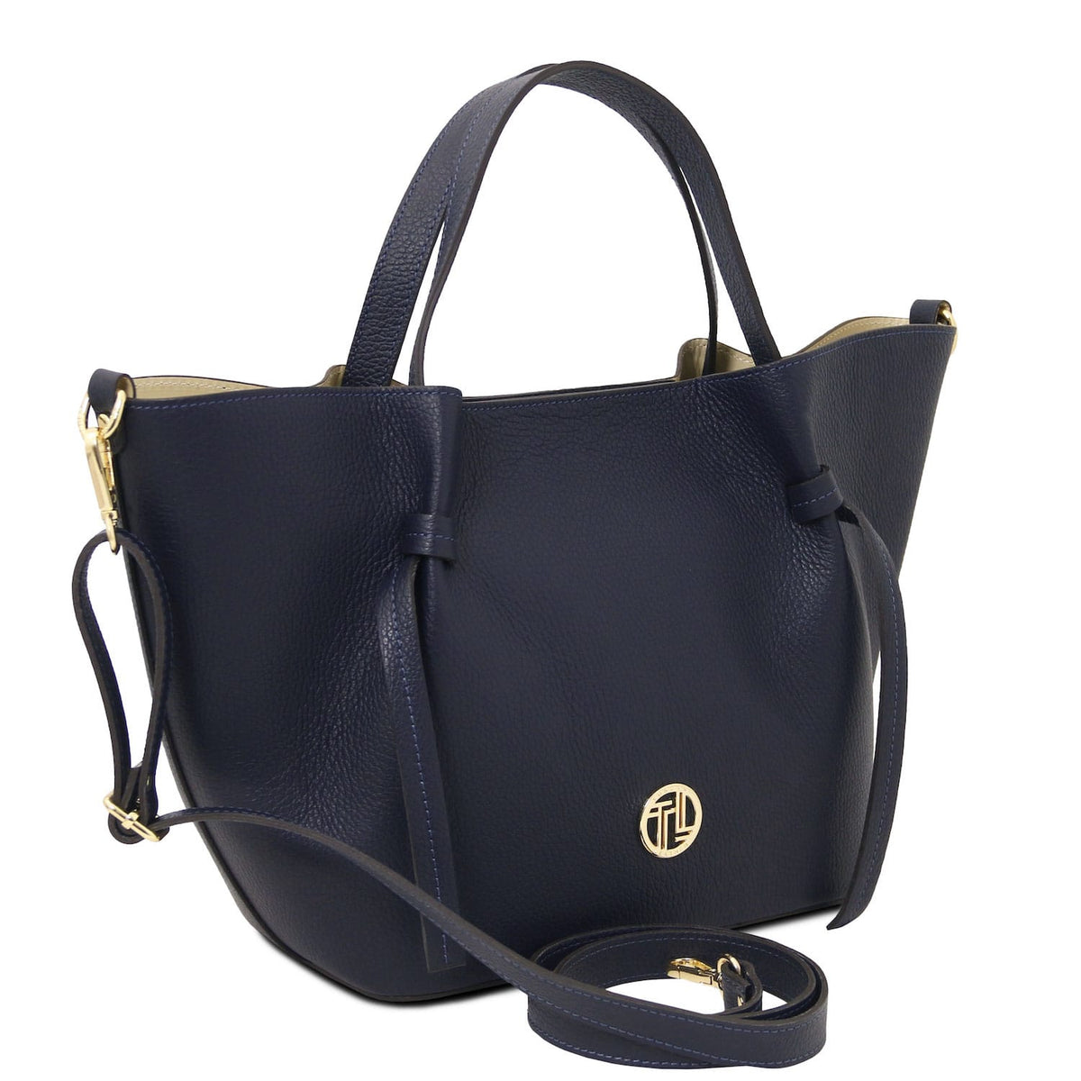 Legame – shopping bag in pelle italiana – Large | TL142481 in pelle blu navy martellata con dettagli dorati, manici superiori e tracolla removibile su sfondo bianco