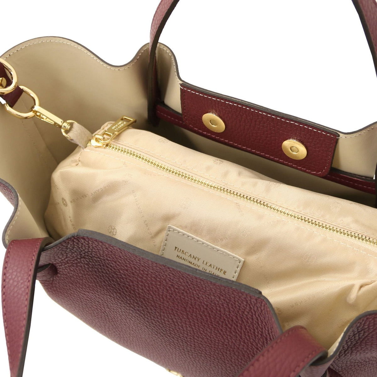 Legame - Italian leather shopping bag - Large size | TL142481 in bordeaux pelle martellata con beige fodera interna e zipperosso inner pouch su sfondo bianco