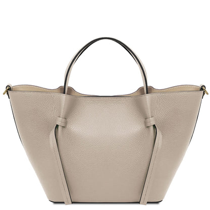 Legame large beige pelle martellata borsa shopping con curved sides e doppi manici