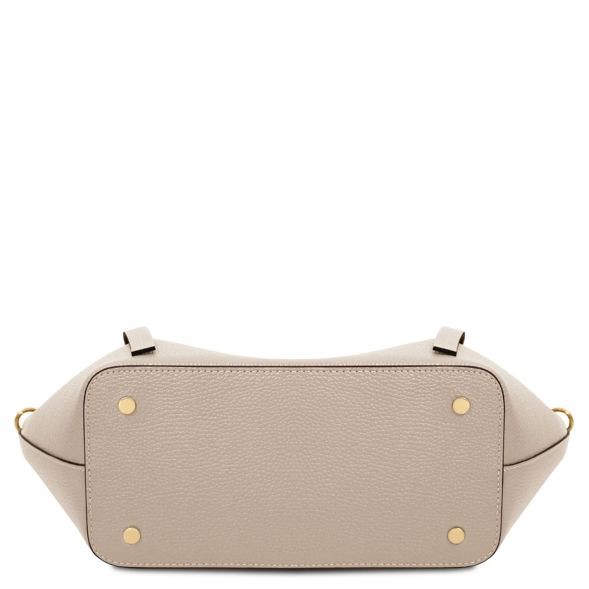 Vista dal basso of Legame large beige leather borsa shopping con piedini color oro