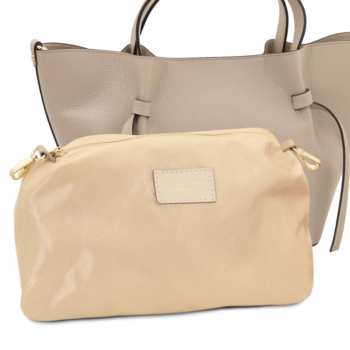 Legame large beige Italian leather borsa shopping con due manici e a matching zip pouch
