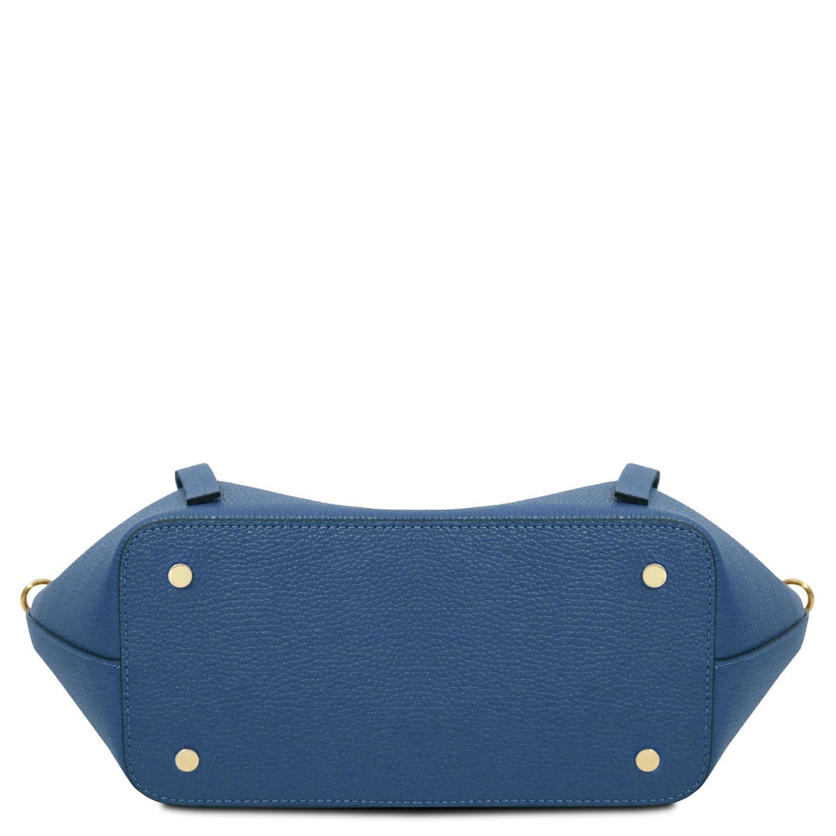 Vista dal basso of blu Legame bag con borchie color oro on each corner.