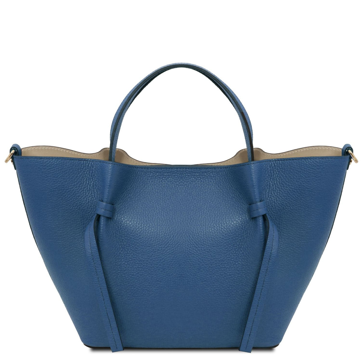 Legame large blu pelle martellata borsa shopping con due manici.