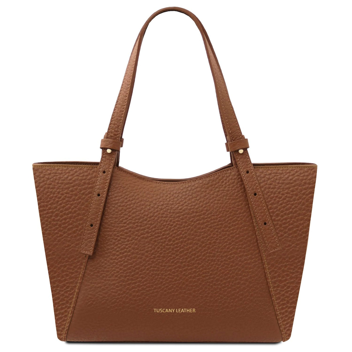Brown pebbled leather tote with long handles and gold Tuscany Leather lettering on the front.
