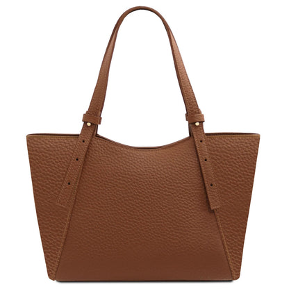 Libra tote bag front view in brown pebbled leather with double top handles