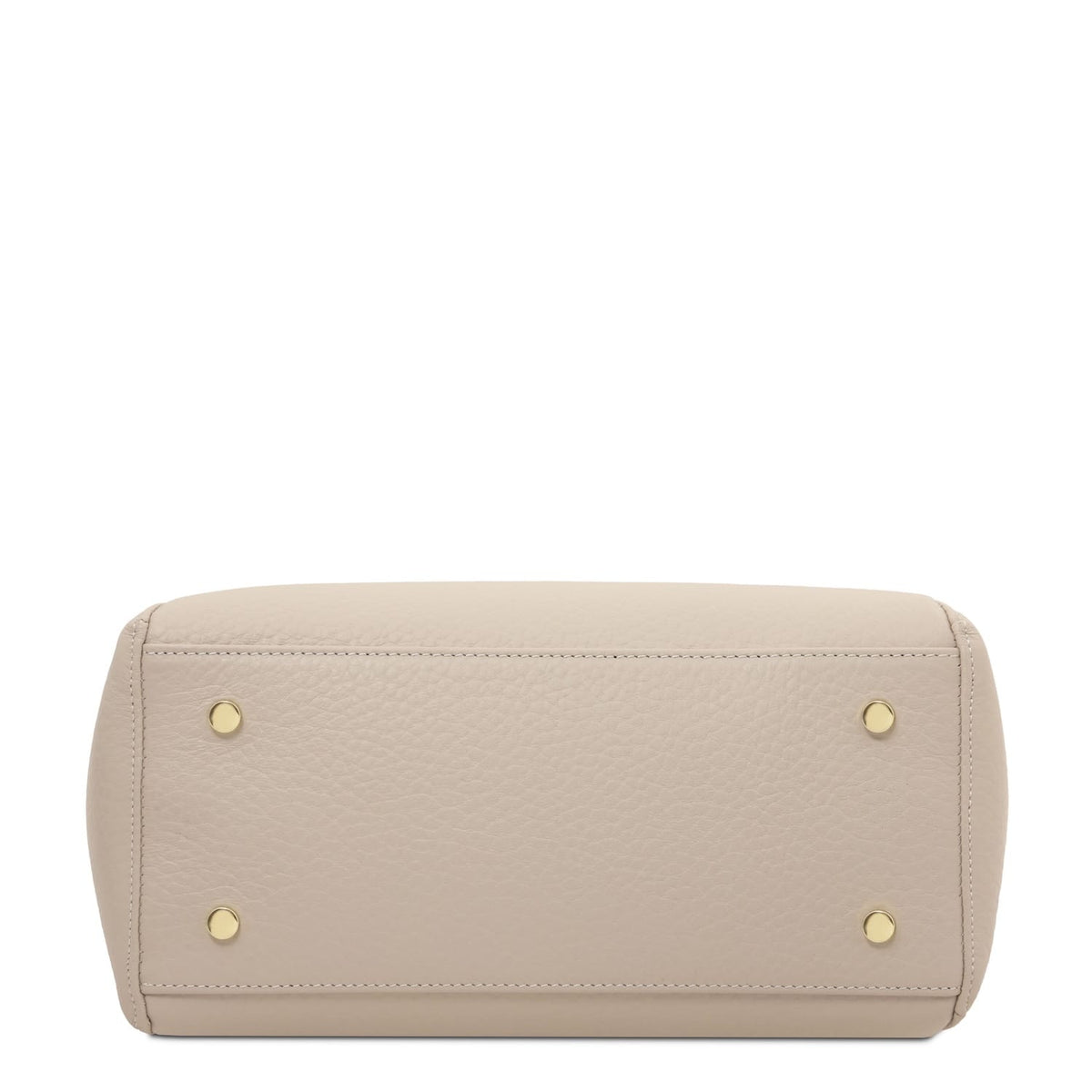 Bottom view of beige pebbled leather Libra tote with four gold studs