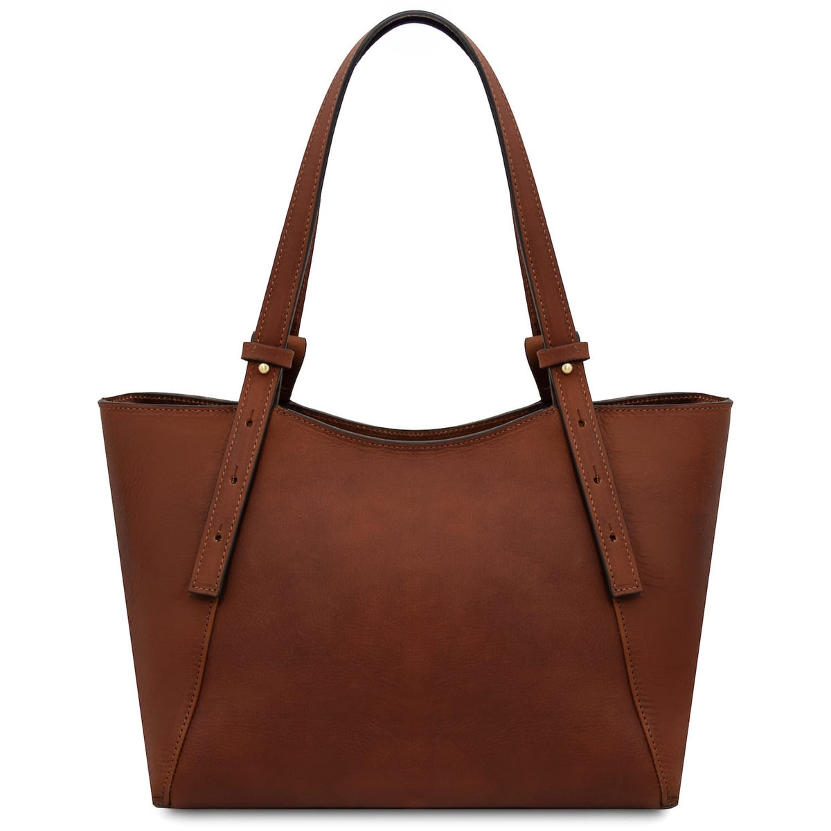Brown Libra long-handled leather tote bag with a structured silhouette.